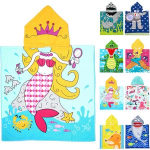 Cute Animal Hooded Beach Towel, Microfiber Bath Towels For Kids Toddler Infant Boy Girl, Animal Towels For Bath Pool Swim Swimwear Summer Beach Cartoon Shower Gifts (24x24 Inch, Mermaid Blue)