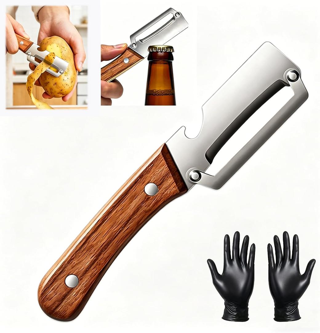 2 x Multi-Functional Vegetable Peeler for Kitchen with Wooden Handle and Bottle Opener, 2 in 1 Stainless Steel Veggie Peeler Kitchen Gadgets Tool for Fruit Potato Pumpkin Apple Carrot Papaya