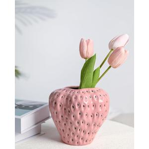 DN DECONATION Pink Strawberry Vase for Flower, Strawberry Shaped Planter Pot for Girls, Unique Ceramic Fruit Vases for Strawberry Party Kitchen Decorations, for Mom&Grandma (6.5 Inch)