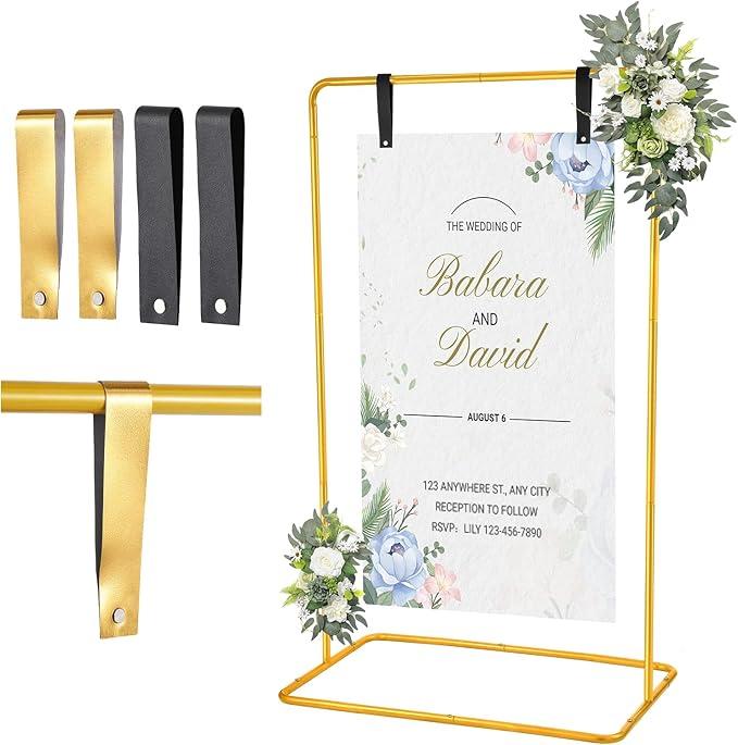 WellSign Wedding Welcome Sign Holder, 68”x31”x 20” Welcome to Our Wedding Sign Adjustable Display Stand with 4 Leather Hanging Straps,Gold Easel Stand Personalized for Baby Bridal Valentine