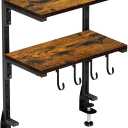 Clamp-on Desk Shelf, 13 inch Above or Below Desk 2-Tier Shelving, Adjustable Metal Storage Tray for Gaming Devices or Office Desk Accessories and More, Brown, Patent Pending