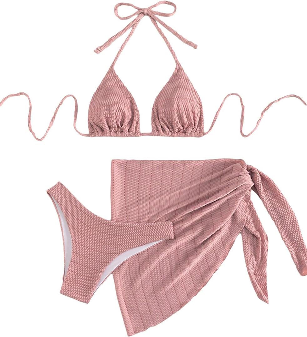 SHENHE Women's 3 Piece Textured High Cut Halter Triangle Bikini Swimsuit with Cover Up (Large, Plain Pink)