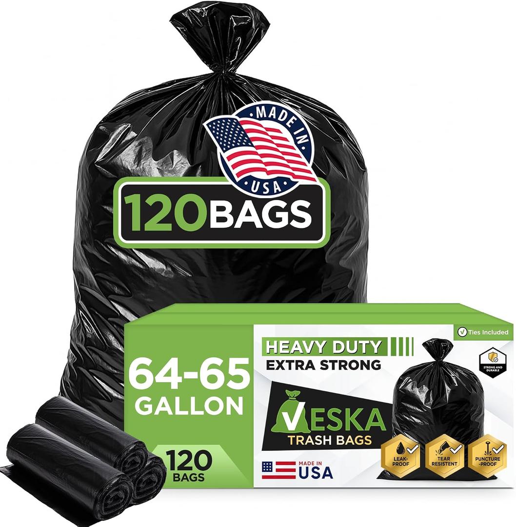 Veska 65 Gallon Trash Bags Heavy Duty | 120 Count | 64 Gallon Trash Bags for Toter - Large Garbage Bag 70 Gallon