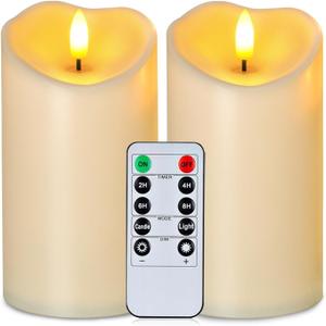 Homemory 6x3 Outdoor Waterproof Flameless Candles, LED Candles, Battery Operated Candles with Remote and Timers, Electric Fake Plastic Pillar Candles,Dark Ivory, Set of 2 (D3"xH6"6")