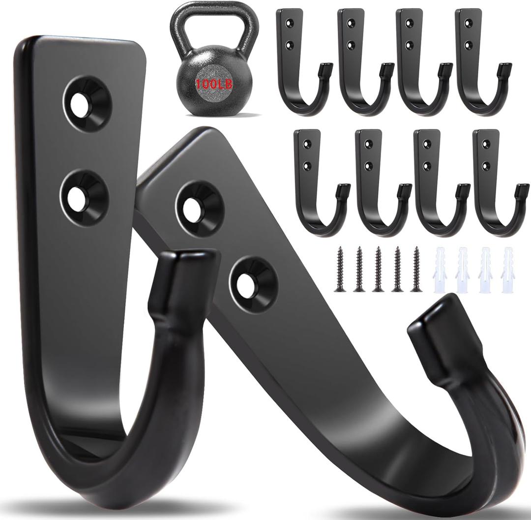 WODEGIFT 10Pcs Heavy Duty Wall Hooks for Hanging, Large Size Wall Hooks,Coat Hooks, for Backpacks, Coats, Cast Iron Pans and Other Heavy Items (Black Hooks)