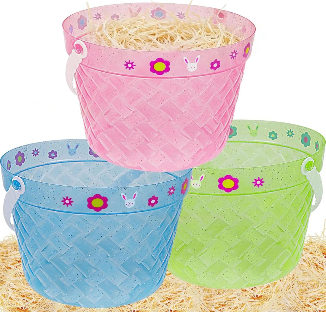 Zcaukya Easter Buckets, 3 Packs Clear Plastic Kids Easter Baskets with Handles, Empty Plastic Easter Pails for Easter Egg Hunt Party Favors, Green, Blue, Pink