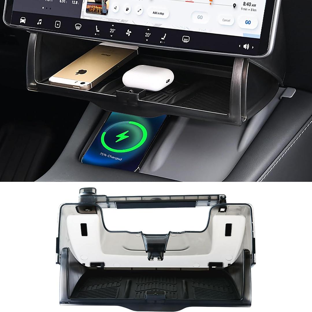 Hidable Under Screen Storage for Tesla Model 3 Model Y 2016-2025, Upgrade Damping Slides and Press Switch Design, Open and Close Center Console Organizer Tray with Anti-Slip Pad