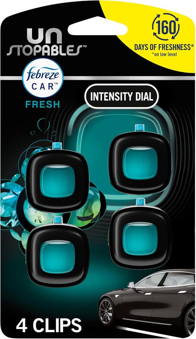 Febreze Unstopables Car Odor-Fighting Car Freshener Vent Clip Fresh Scent, .07 oz. Car Vent Clip, 4 Count (Pack of 1) (Packaging may vary)