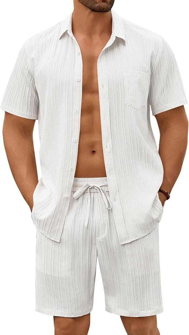 COOFANDY Mens Beach Outfits 2 Piece Sets Casual Short Sleeve Button Down Summer Textured Shirt (4X-Large, White)