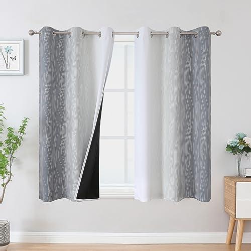 Estelar Textiler Grey and Greyish White Blackout Curtains 45 Inch Length, Light Blocking Gradient Drapes for Kitchen, Thermal Insulated Grommet Ombre Curtains for Bathroom,42Wx45L,2 Panels