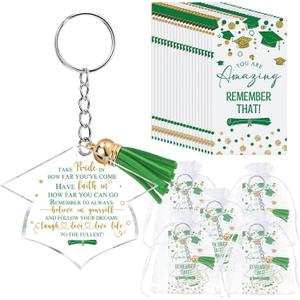 Chunful 24 Set Graduation Keychain Gift Class of 2026 Bulk Tassel Keychain Inspirational Cards Organza Bags High School University College Seniors Souvenir Graduation Party Favors for Students(Green)
