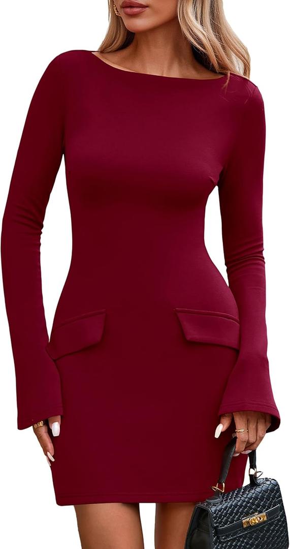 PRETTYGARDEN Womens Fall Long Sleeve Mini Dress 2025 Trendy Boat Neck Bodycon Knit Elegant Short Party Formal Dresses (Red, L)