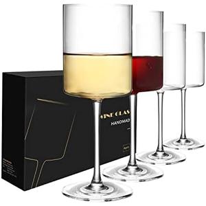 SANZO Square Wine Glasses Set 4, Wine Glasses 15oz, Elegant Design White Wine Glasses, Red Wine Glasses Set for Home Bar Party (3pcs)