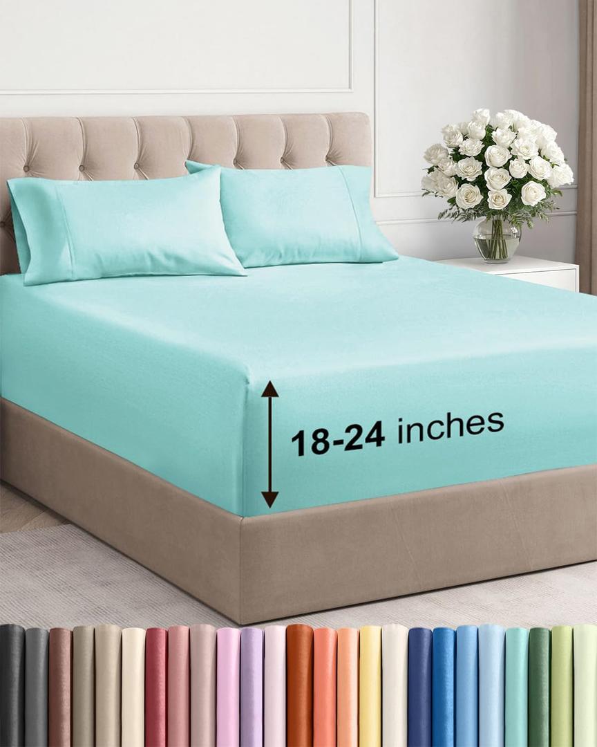 Extra Deep Queen Sheet Set - 4 Piece Breathable & Cooling Bed Sheets - Easily Fits 18 to 24 inch Mattress - Ultra Soft, Wrinkle & Fade Free with Extra Deep Pockets - Hotel Luxury Bedding - Spa Blue