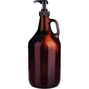 Half Gallon Glass Pump Dispenser Bottle, Large Jug with Pump for Laundry Soap Dispenser, Liquid Detergent, Fabric Softener, Syrup Pump - 64 oz Capacity - Amber Bottle- Pack of 2, by Kitchentoolz