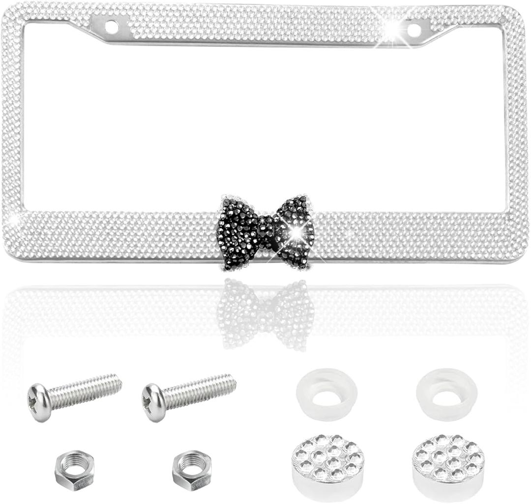 2PCS Bling Car License Plate Frame for Women,Stainless Steel Sparkly Car Plate Holder with Crystal Rhinestones, Glitter Diamond Vehicle Bow Plate Covers,Decorative Auto Accessories (White/Black)