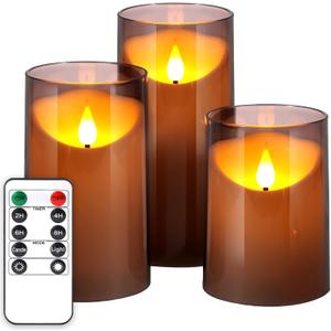 NURADA Flameless Candles with Remote Timer: 3D Wick Battery Operated Led Pillar Unbreakable Acrylic Fake Candle Set for Home Decoration Romantic Ambiance - Grey 3 Pack (4"x5"x6", Gray)
