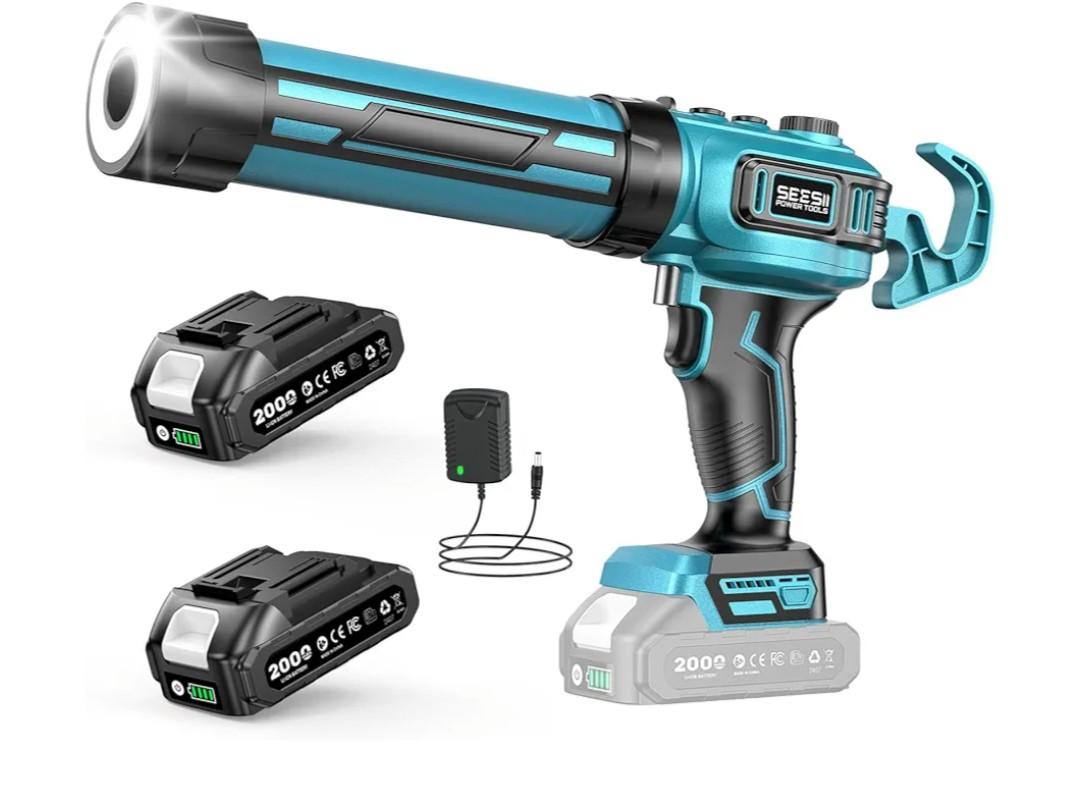 SEESII Electric Caulk Gun, Cordless Caulking gun w/2 x 2.0Ah Batteries, Battery Power Caulking Gun with Brushless Motor & LED Light, Filling and Sealing for Doors Floors Walls Window, 10 Oz