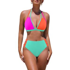 popvil High Waisted Bikini Sets for Women Two Piece Swimsuit Halter Top Bathing Suit (Large, Color Block)