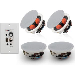 Herdio 6.5'' Bluetooth Ceiling Speakers 600W 2-Way Flush Mount Speakers System with Wall Amplifier Receiver for Home Theater Office (2 Pairs, Paintable-Grille)