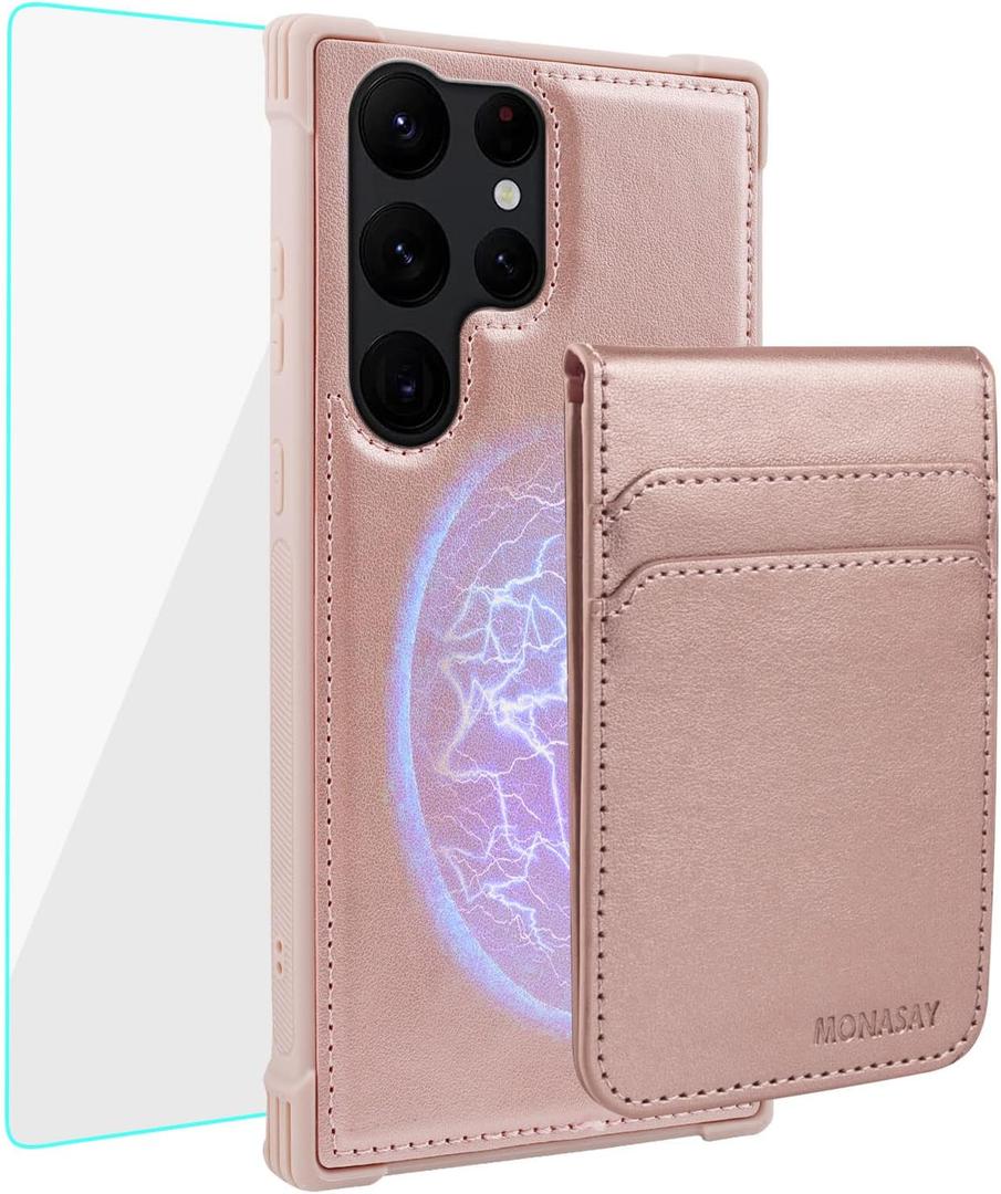 MONASAY Magwallet Case Fit for Samsung Galaxy S23 Ultra, [Wireless Charging] Flip Folio Magnetic Leather Phone Cover with Detachable RFID Blocking Card Holder, Rosegold