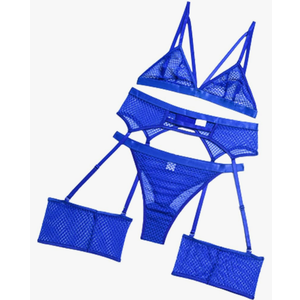 Sexy Fishnet Lingerie Set for Women Sheer Mesh Lace Strappy Garter Lingerie 3 Piece Bra and Panty Set with Garter Belt S