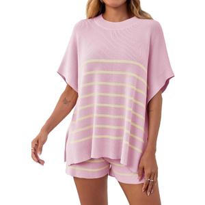 Fisoew Women's Striped 2 Piece Outfits Oversized Batwing Short Sleeve Tops High Waisted Shorts Summer Knit Lounge Short Sets (Large, Pink)