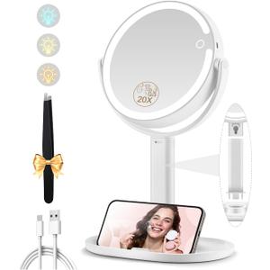 Makeup Mirror with Lights, Double Sided 9x/1x Magnifying Mirror with Light, Rechargeable 3 Color Lights and Adjustable Brightness, 360° Rotation Detachable Comes with Tweezer(White)