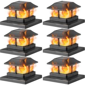 Dynaming Solar Flame Post Cap Lights Outdoor, Solar Powered Fence Post Light, Flickering Flame LED Lantern Lamps Waterproof for Garden Deck Patio, Fit 4x4, 5x5 or 6x6 Vinyl/Wooden Posts, 6 Pack (Black)
