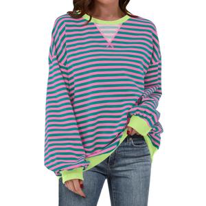Women Striped Oversized Sweatshirt Long Sleeve Crewneck Hoodies Shirts 2024 Fall Pullover Top Trendy Preppy Clothes (L)