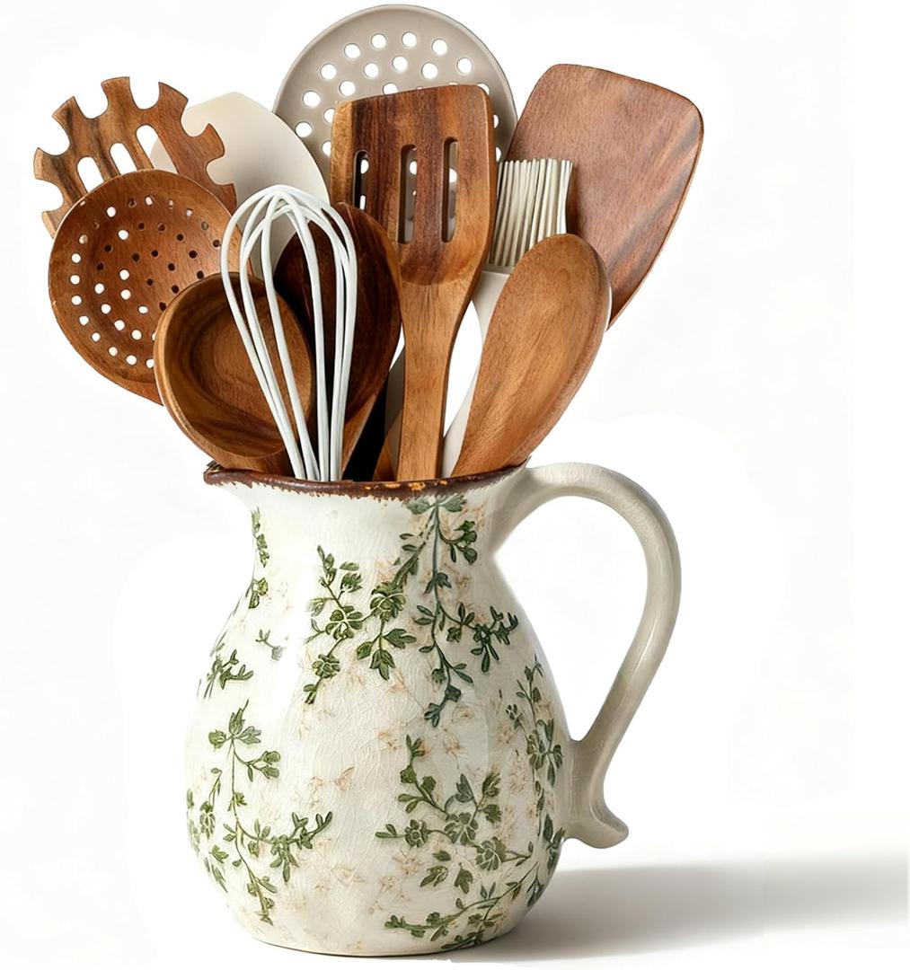 Ceramic Utensil Holder for Kitchen Counter, 6.1 Inch Vintage Farmhouse Rustic Cooking Utensil Holder, Modern Home Decor Countertop Organizer Crock for Flower Pot, Spoons & Kitchen Tools