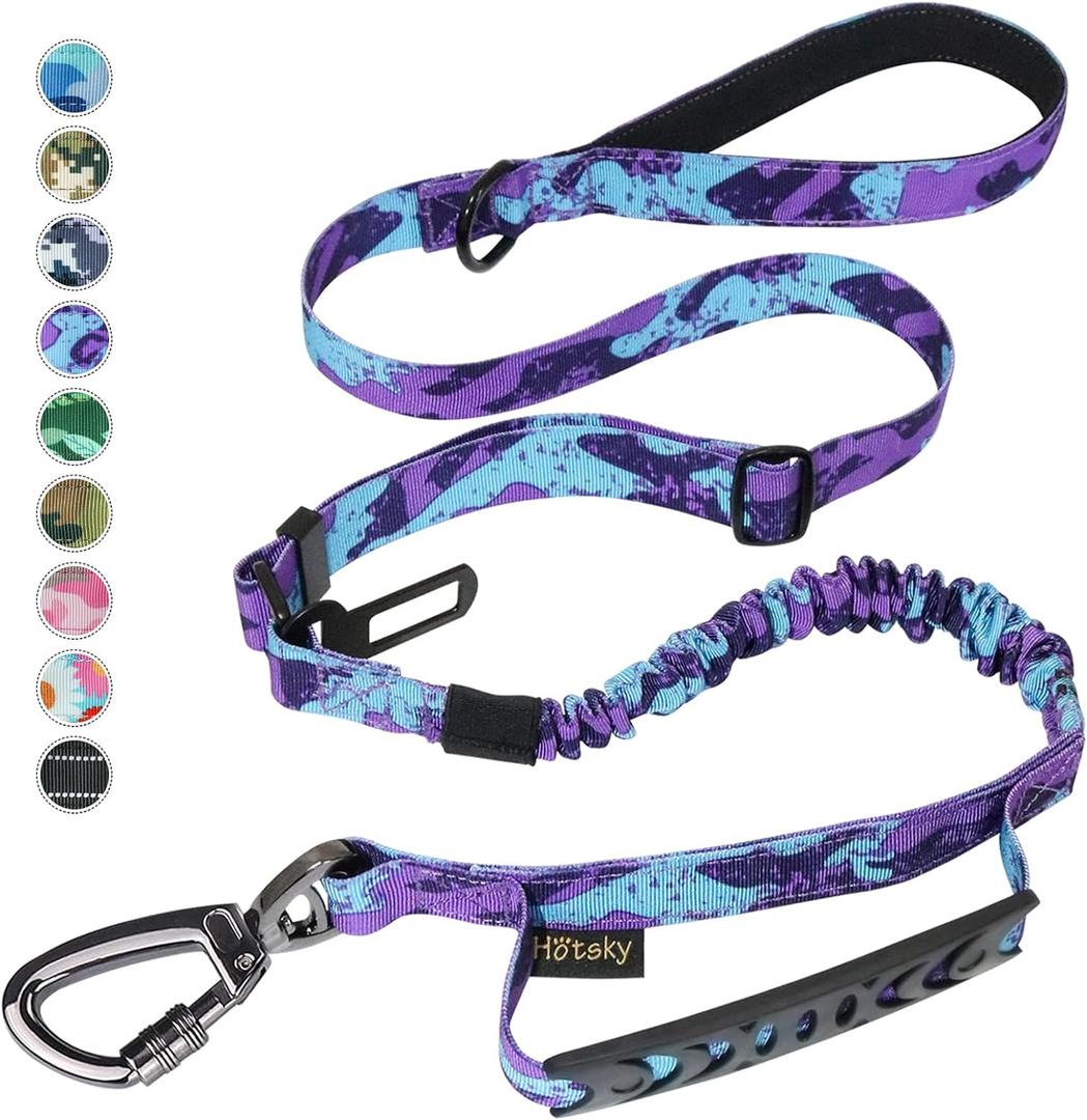 Hotsky Tactical Dog Leash Heavy Duty for Medium Large Dogs That Pull, 4- 6 Ft Strong Bungee Shock Absorbing No Pull Dog Leash with Padded Double Handle and Car Seatbelt, Purple Camo (Medium / Large, Purple Camo)