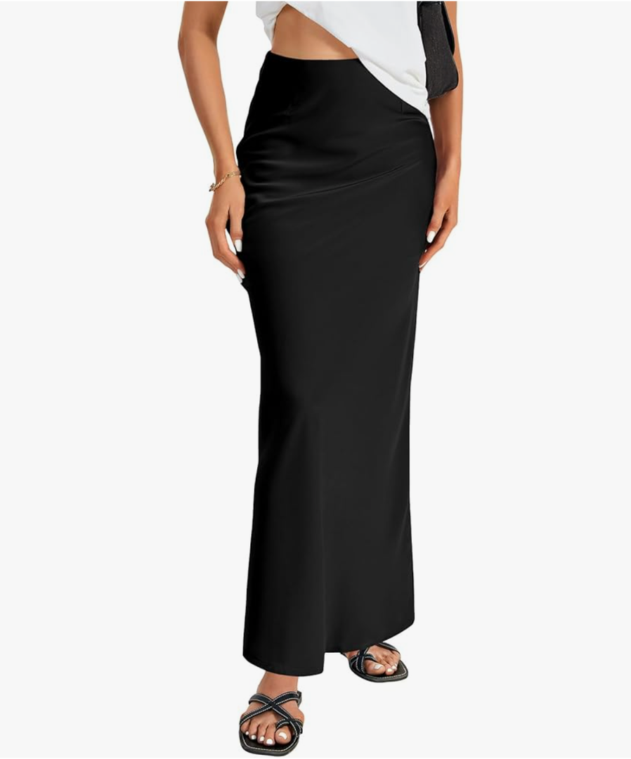 Women's Elegant Satin Silky High Waist Zipper Flowy A Line Maxi Long Skirt, Size M