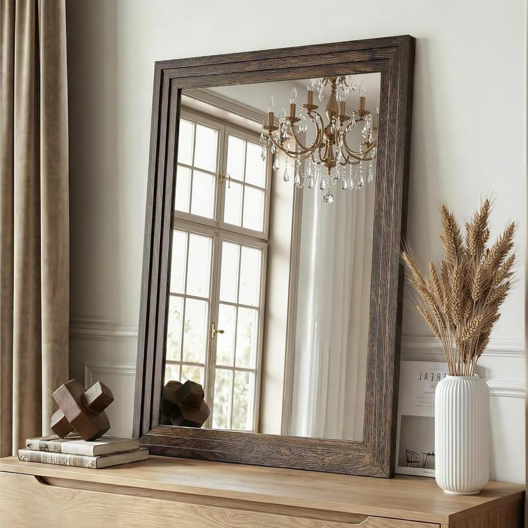 Wood Framed Mirrors for Wall, Brown Bathroom Vanity Mirror for Over Sink 24 x 36, Rustic Wall Mirror for Bathroom Sink Hallway Entryway Bedroom Living Room Farmhouse Boho Style