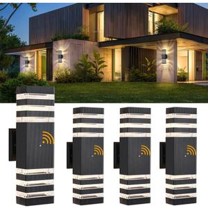 DASTOR 4 Pack Outdoor Wall Lights, Modern Exterior Lighting Fixtures Wall Mount, 2Layer Black Outdoor Lights for House, Up and Down Lights Outdoor Sconces Wall Lighting for Porch Patio Garage