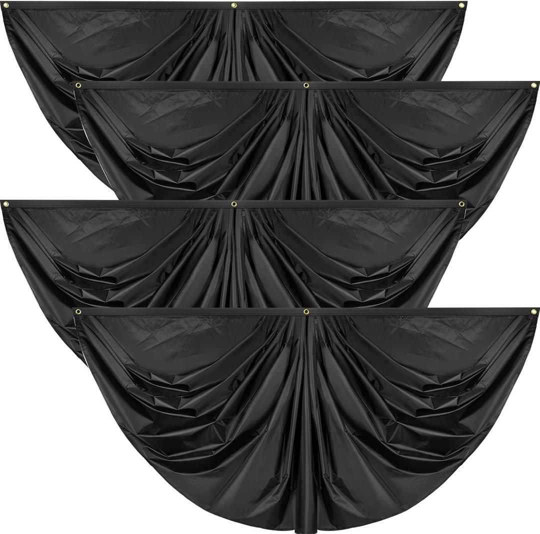 Peryiter 4 Pcs Black Pure Pleated Fan Flag Bunting 3 x 6 ft Bunting Half Fan Hanging Banner with 3 Grommet for Indoor Outdoor Holiday Halloween Yard Patriotic Decoration, Solid Color