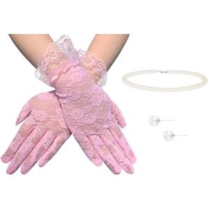 Cizoe Vintage Short Lace Gloves for Women Derby Tea Party Wrist Length Floral Gloves for Wedding Costume Gloves (G001-pink)