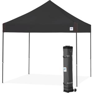 E-Z UP 10x10 Vantage Pop Up Canopy Tent, Steel Frame, Black Top, Wide-Trax Roller Bag & Spike Kit