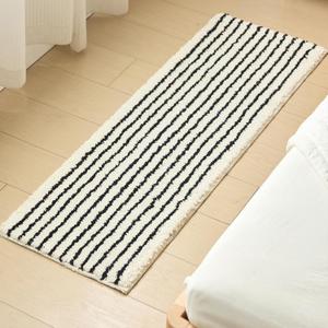 Long Black and White Beige Striped Bath Mat Bathroom Rug, Nancy Meyers Vintage Modern Farmhouse Old Money Grand Millenial Coastal Grandma Home Decor Aesthetic