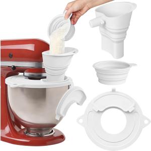 Silicone Bowl Cover with Flour Funnel for Kitchen Aid Mixer, Kitchenaid Bowl Cover for KitchenAid 4.5-5 Qt, Foldable Kitchen Funnel and Silicone Cup,Dishwasher Safe,White