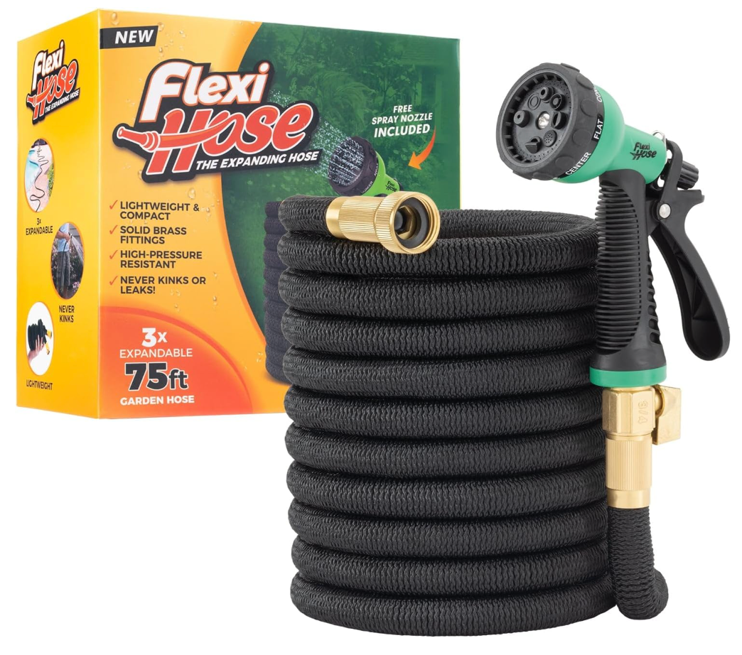 Flexi Hose with 8 Function Nozzle, 75FT - Lightweight Expandable Garden Hose, No-Kink Flexibility, 3/4 Inch Solid Brass Fittings and Double Latex Core - Black and Green