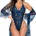 Avidlove Women Sexy Lingerie Set 2 Piece Lace Kimono Robe with Lace Teddy Lingerie Bodysuit (Medium, Deep Blue)