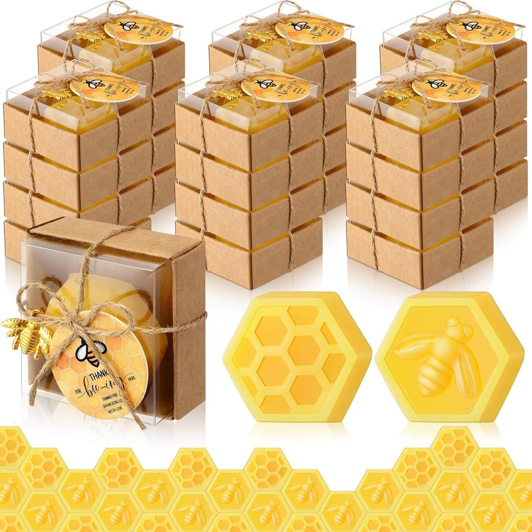 24 Set Baby Shower Bee Party Favors Honeycomb Bee Soap Handmade Scent Soaps with Gift Box Thank You Cards cute Charms for Guest Gender Reveal Keepsake Wedding gifts Decorations (Solid)