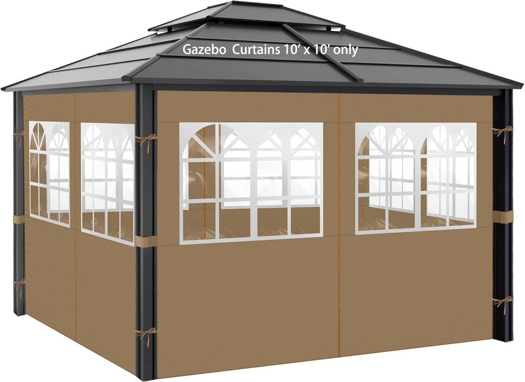 Gazebo Privacy Curtains 10' x 10' with PVC Windows, 4-Panels Side Wall with Zipper Universal Replacement for Patio, Outdoor Canopy, Garden and Backyard (Khaki)