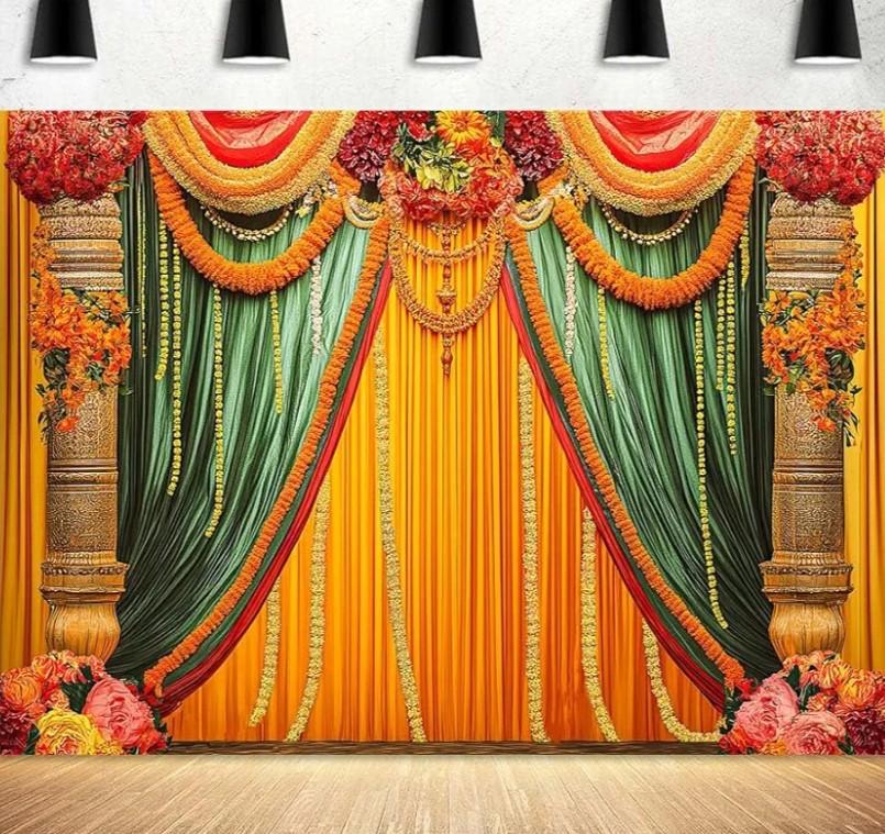 Indian Diwali Pooja Photo Backdrop Photography Background for Durga Puja, Traditional Chatiya Navratri Ganpati Ganesh Marigold Backdrops Photo Booth Prop Decorations Wall Decor Tablecloth