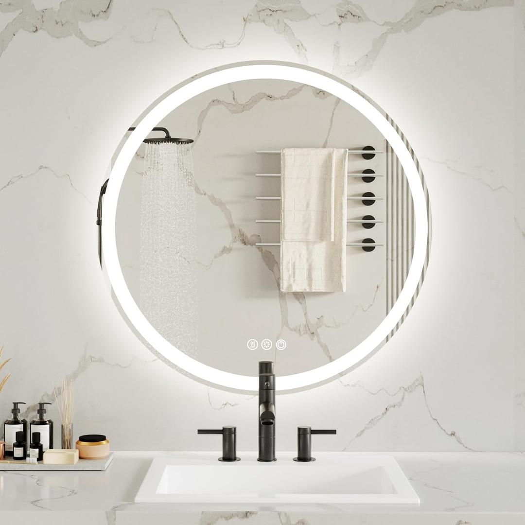 Bathroom Mirror with Lights, 28 Inches Round LED Mirror for Bathroom, Vanity Mirror with Lights, Anti-Fog & 3 Colors, Wall-Mounted Bathroom Mirror (28" L x 28" W)