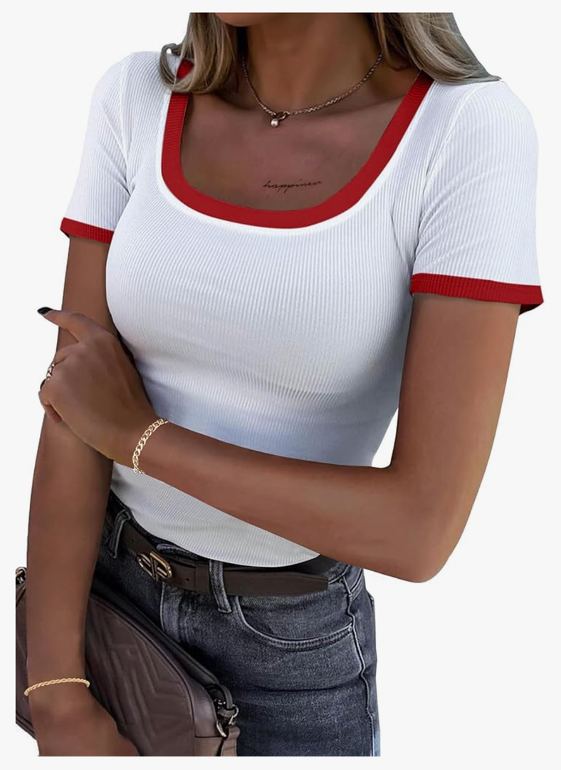 Avanova Women Ringer Scoop Neck Tee Shirts Short Sleeve Ribbed Knit Slim Fit Top XL