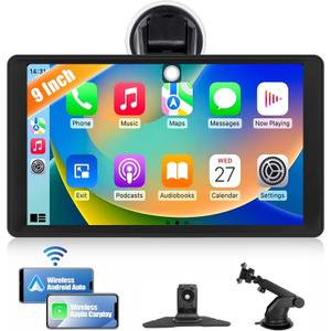 CAMECHO Portable Carplay Screen for Car, 9 Inch Car Stereo with Apple Carplay Android Auto Portable Touch Screen Car Radio with Bluetooth Mirror Link/Voice Control EQ AUX FM Radio for All Vehicles