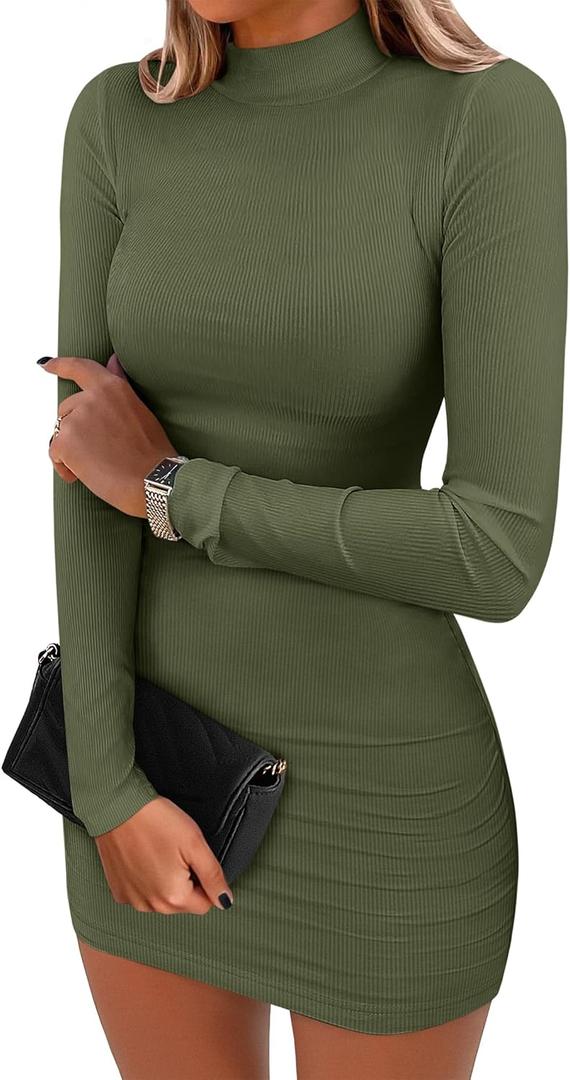 ANRABESS Women Long Sleeve Mock Neck Bodycon Mini Dress 2025 Fall Ribbed Slim Fit Pencil Cocktail Club Night Dresses (X-Small, Army Green)