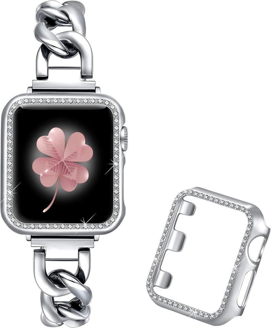 Dilando Cool Chain Metal Silver Band Compatible with Apple Watch 38mm 40mm 41mm Women Men, Stainless Steel Bracelet Bling Case for Iwatch SE & Series 8 7 6 5 4 3 2 1 (Silver, 38mm)